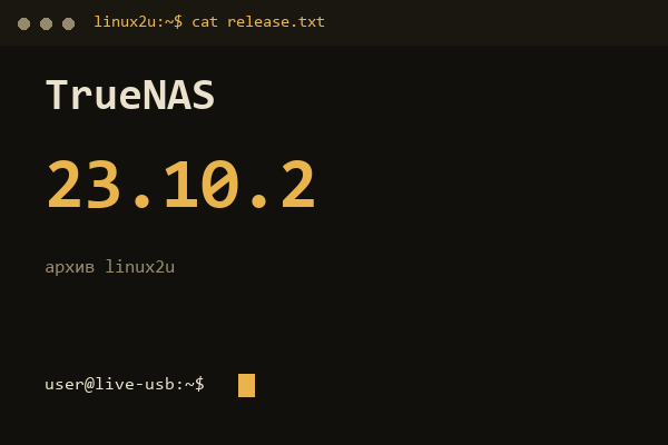 TrueNAS SCALE 23.10.2 — обложка карточки архива Linux2U