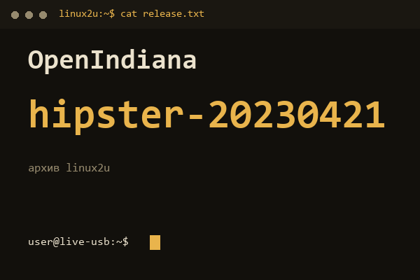 OpenIndiana Hipster 20230421 — обложка карточки архива Linux2U