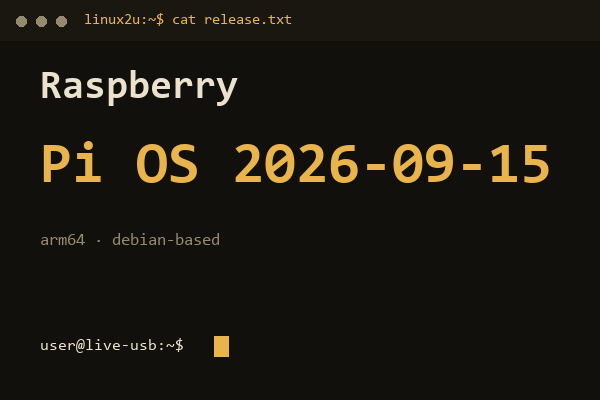 Raspberry Pi OS 2026-09-15 arm64 — обложка карточки архива Linux2U