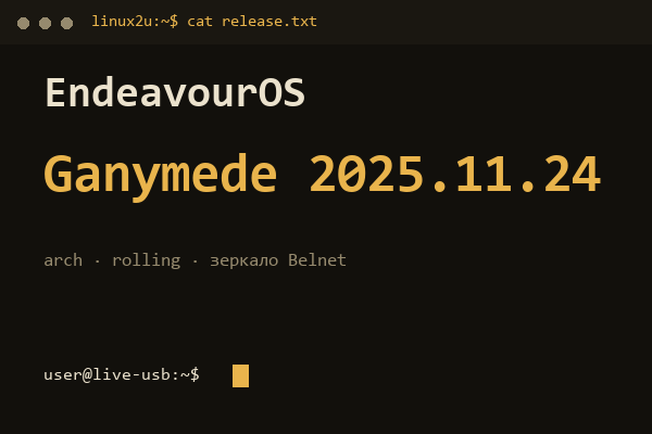 EndeavourOS Ganymede 2025.11.24 — обложка карточки архива Linux2U